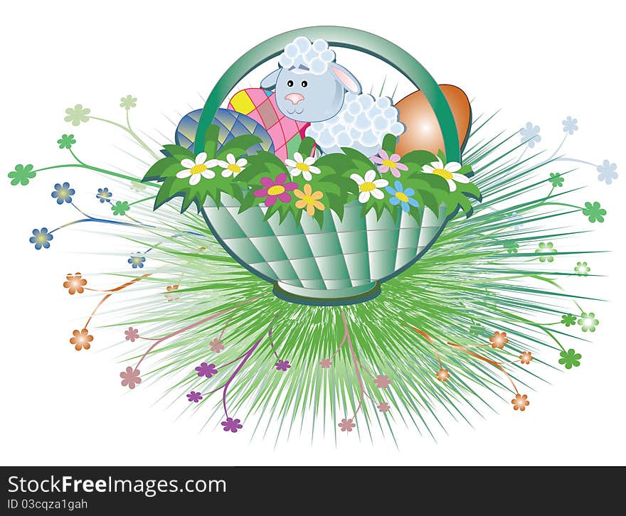 Easter basket with sheep, flowers and eggs