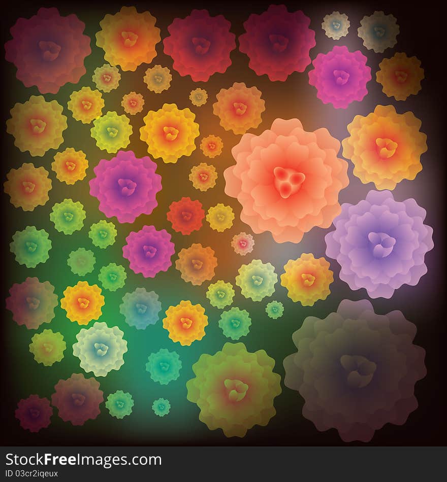 Abstract floral illustration with color flowers on black