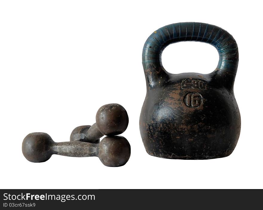 Old Dumbbells and the weight for playing sports on white