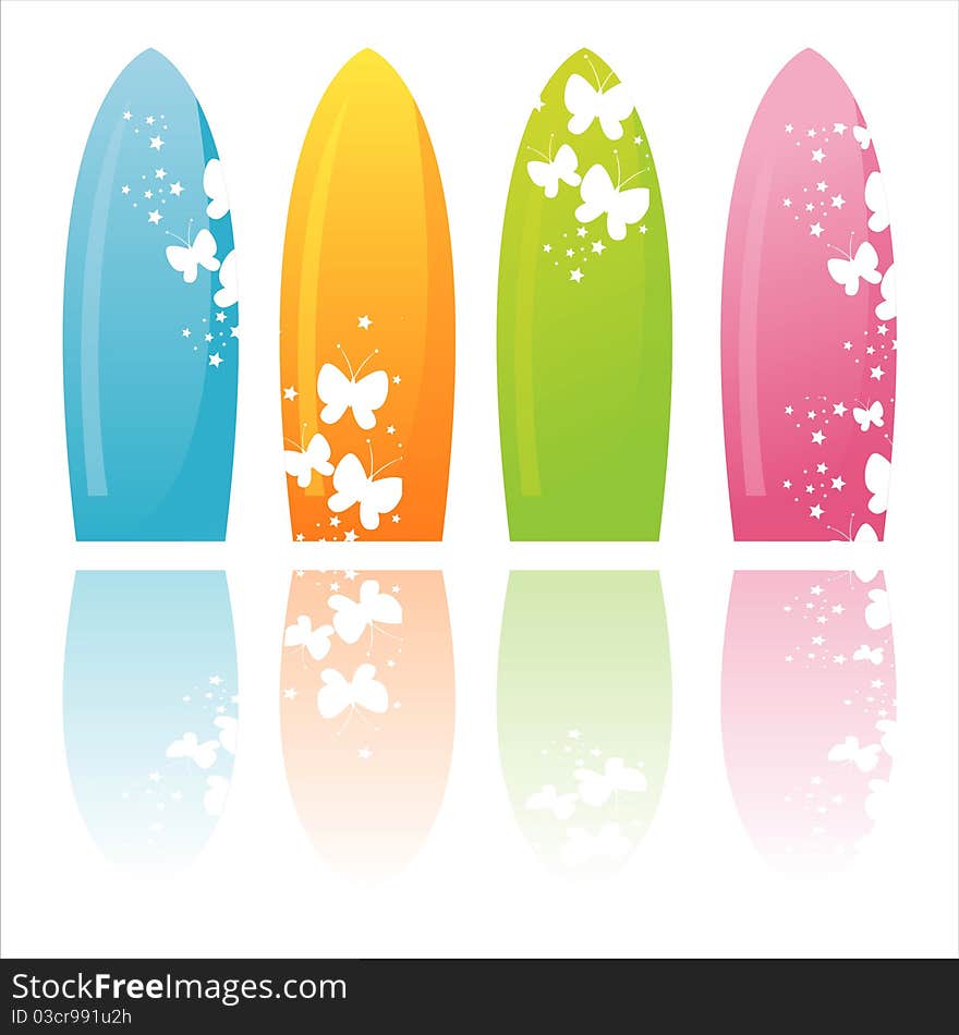 Set of 4 colorful surfboards