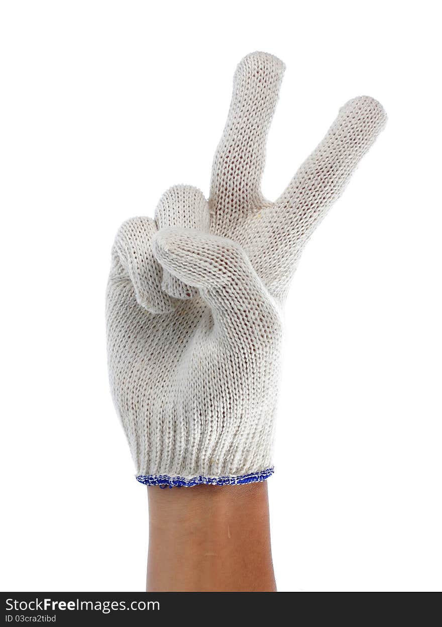 Hand with white fabric glove gesturing. Hand with white fabric glove gesturing