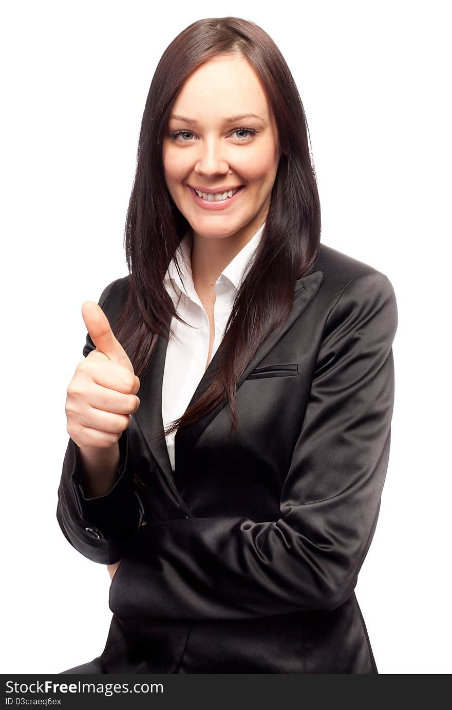 Attractive young woman with thumb up on white background