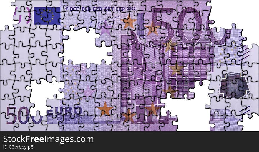 This image shows a puzzle of a 500 euro banknotes, which is missing some pieces