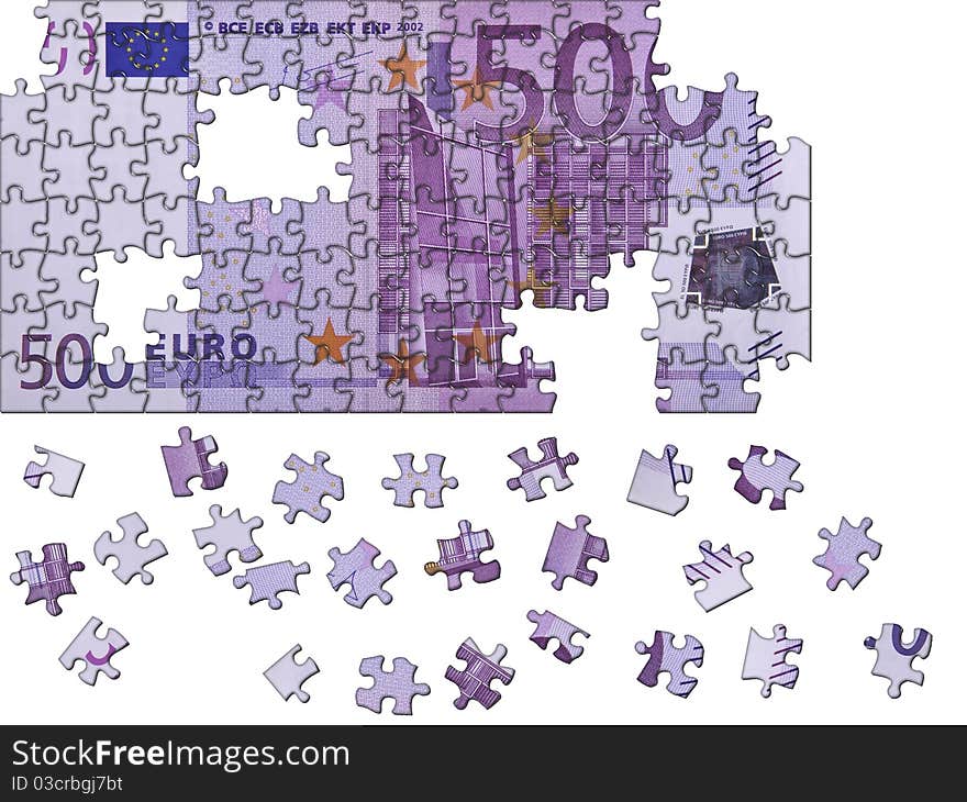 This image shows a puzzle of a 500 euro banknotes, which is missing some pieces