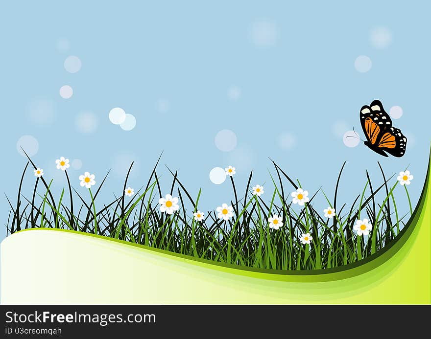 Grass, flowers and butterfly. Nature illustration.