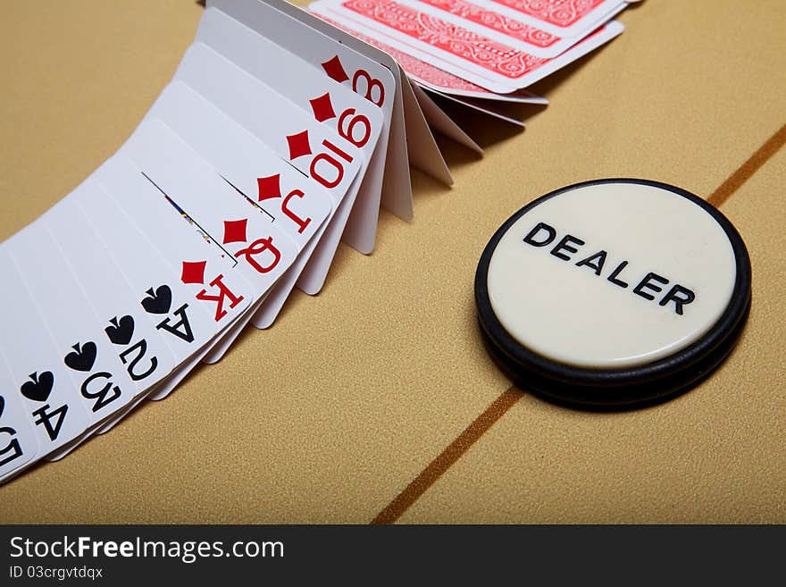 Cards for game in poker. Cards on a table for game in poker. A fan from cards. Dealer place. Cards for game in poker. Cards on a table for game in poker. A fan from cards. Dealer place