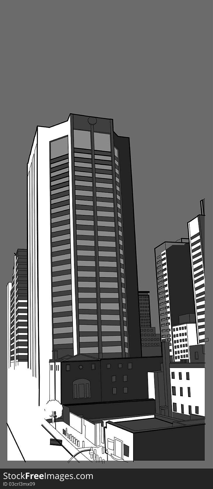 City image of tall building and a street. City image of tall building and a street