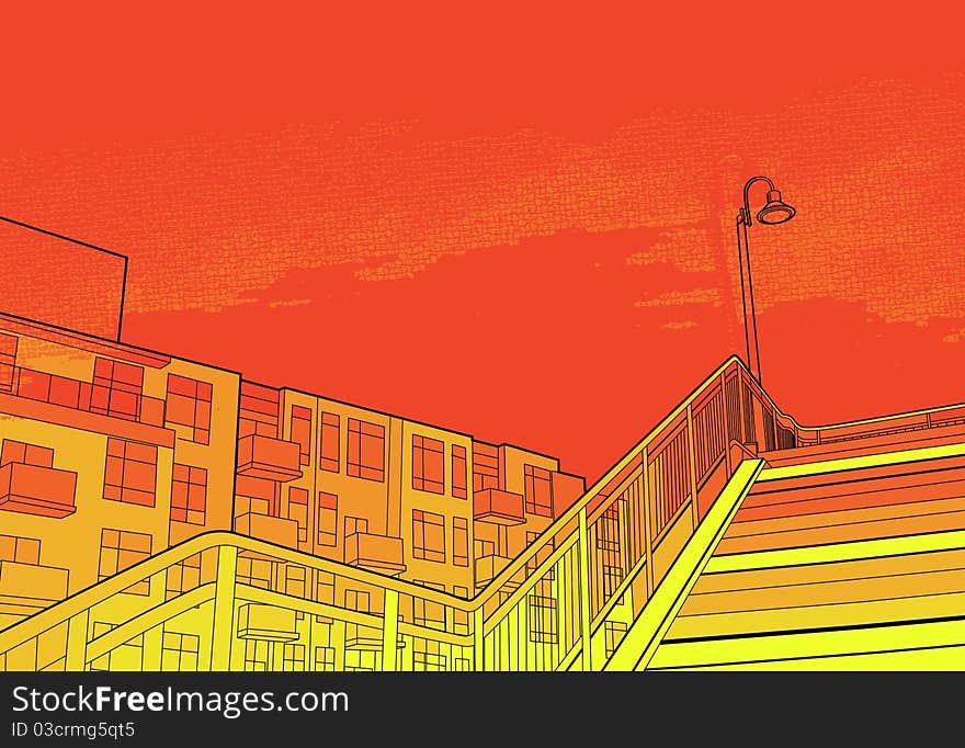 City image of buildings and ascending stairs. City image of buildings and ascending stairs