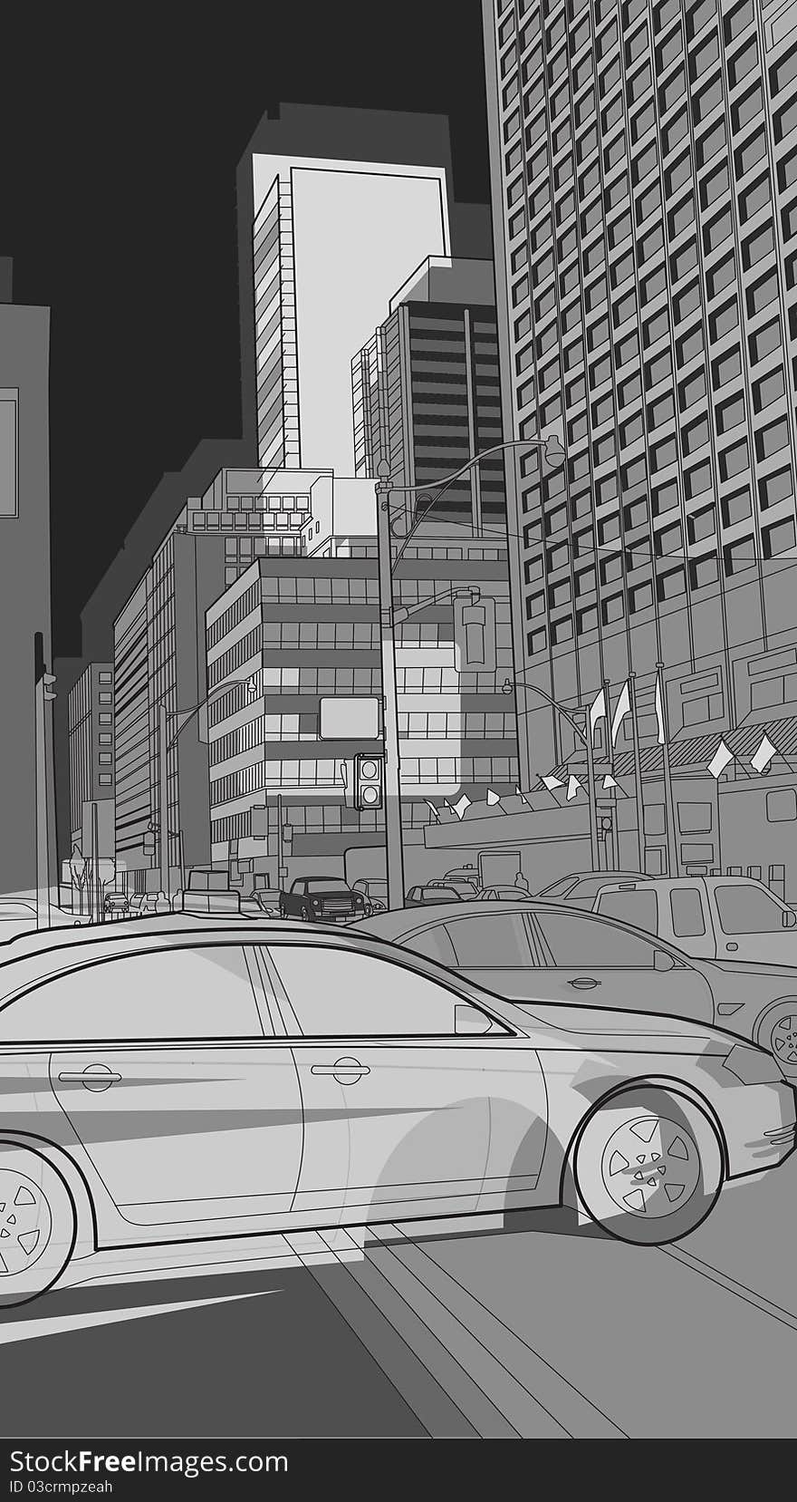 City image of buildings and a car on the road. City image of buildings and a car on the road