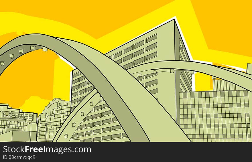 City image of tall downtown buildings and arches. City image of tall downtown buildings and arches