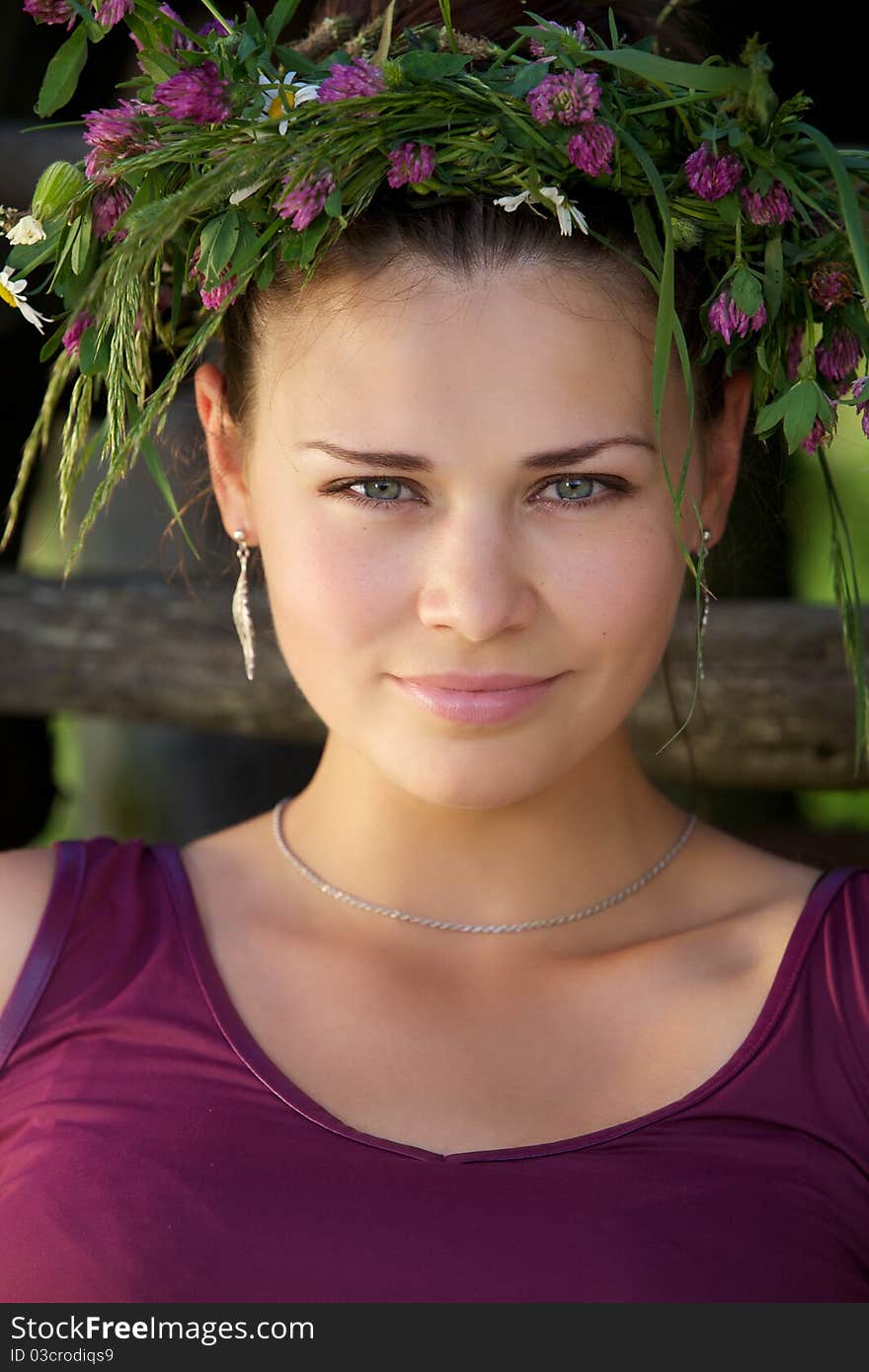 Portrait of the Beautiful young girl with a wreath from wild flowers on a head