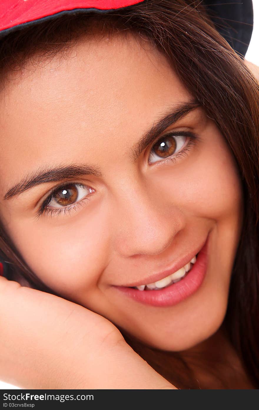 Close up of a woman face with a hat