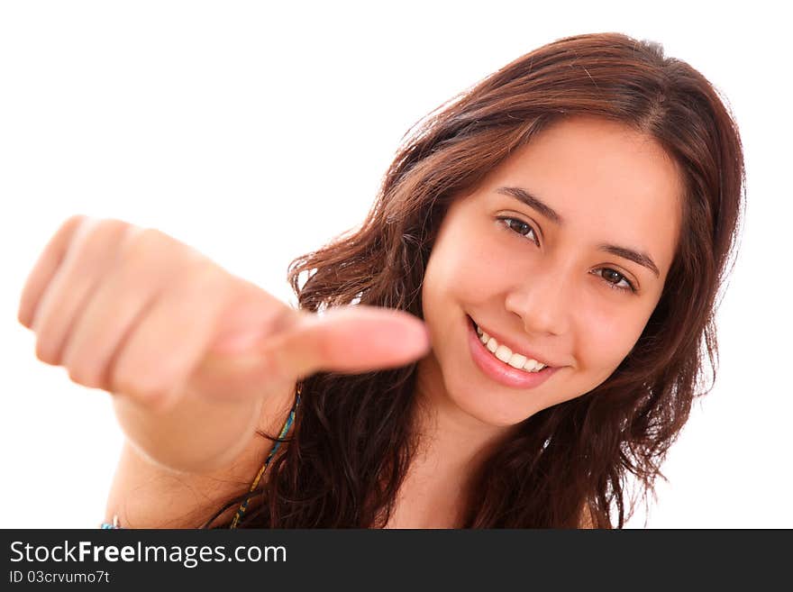 Happy woman with a sign of approval in his hand