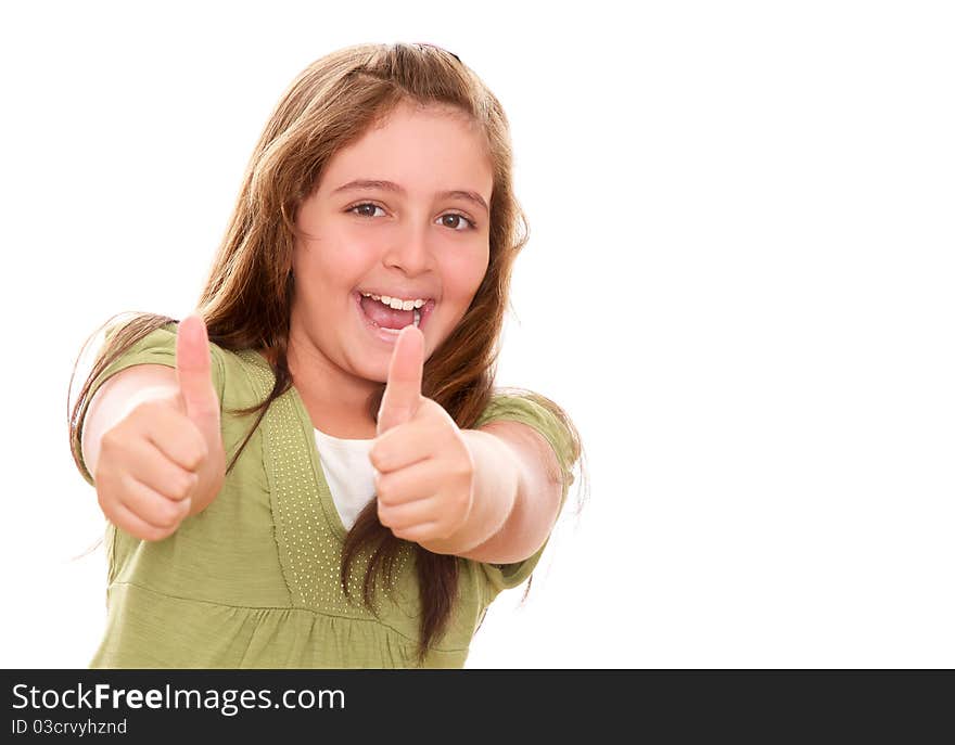 Happy girl with gesture of approval in his hands over white background