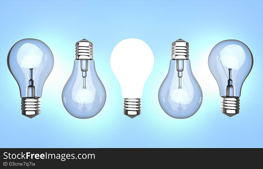 5 light bulbs head to tail over blue background. 5 light bulbs head to tail over blue background