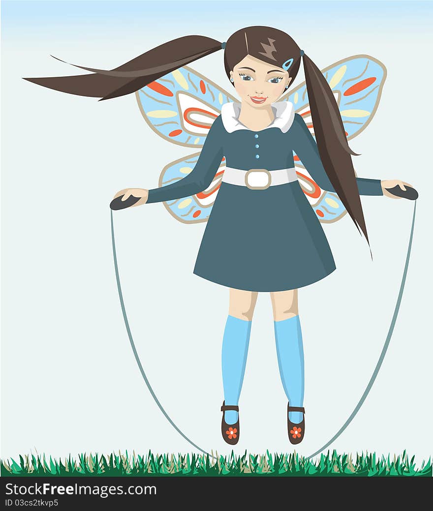 Girl jumping on a rope and feels like a butterfly. Girl jumping on a rope and feels like a butterfly.