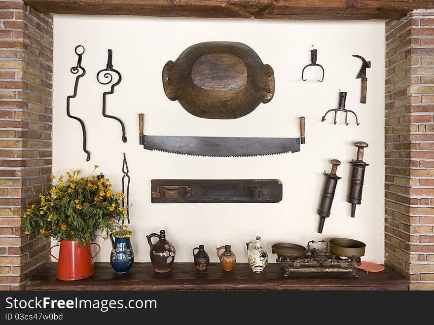 Old Wooden trough, saw and other household items