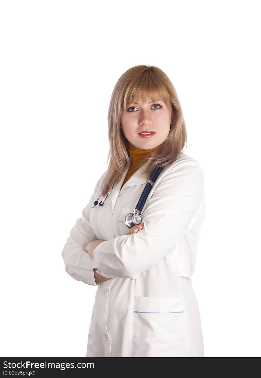 Smiling medical doctor woman with stethoscope. Isolated on white background