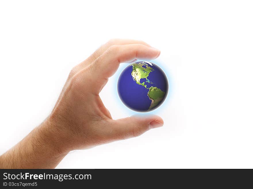 Blue globe in hand of the person on white background