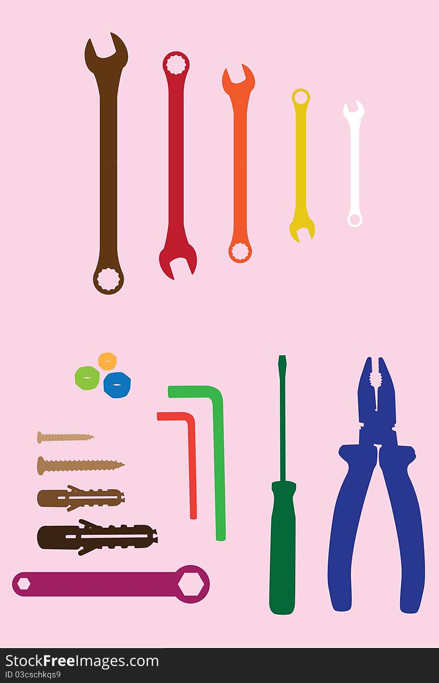 Household tools and spanners on orange background - silhouette illustration