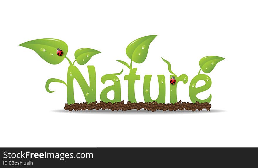 Nature eco sign with leaves growing from the soil, with ladybugs on. Nature eco sign with leaves growing from the soil, with ladybugs on.