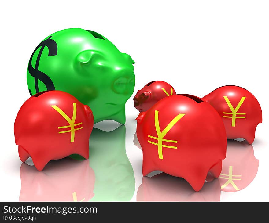 Abstract dollar pig bank against few yen pig banks 3d rendered isolated on white. Abstract dollar pig bank against few yen pig banks 3d rendered isolated on white