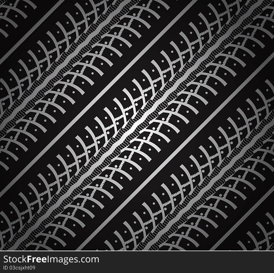 Repeating tire tracks black background illustration