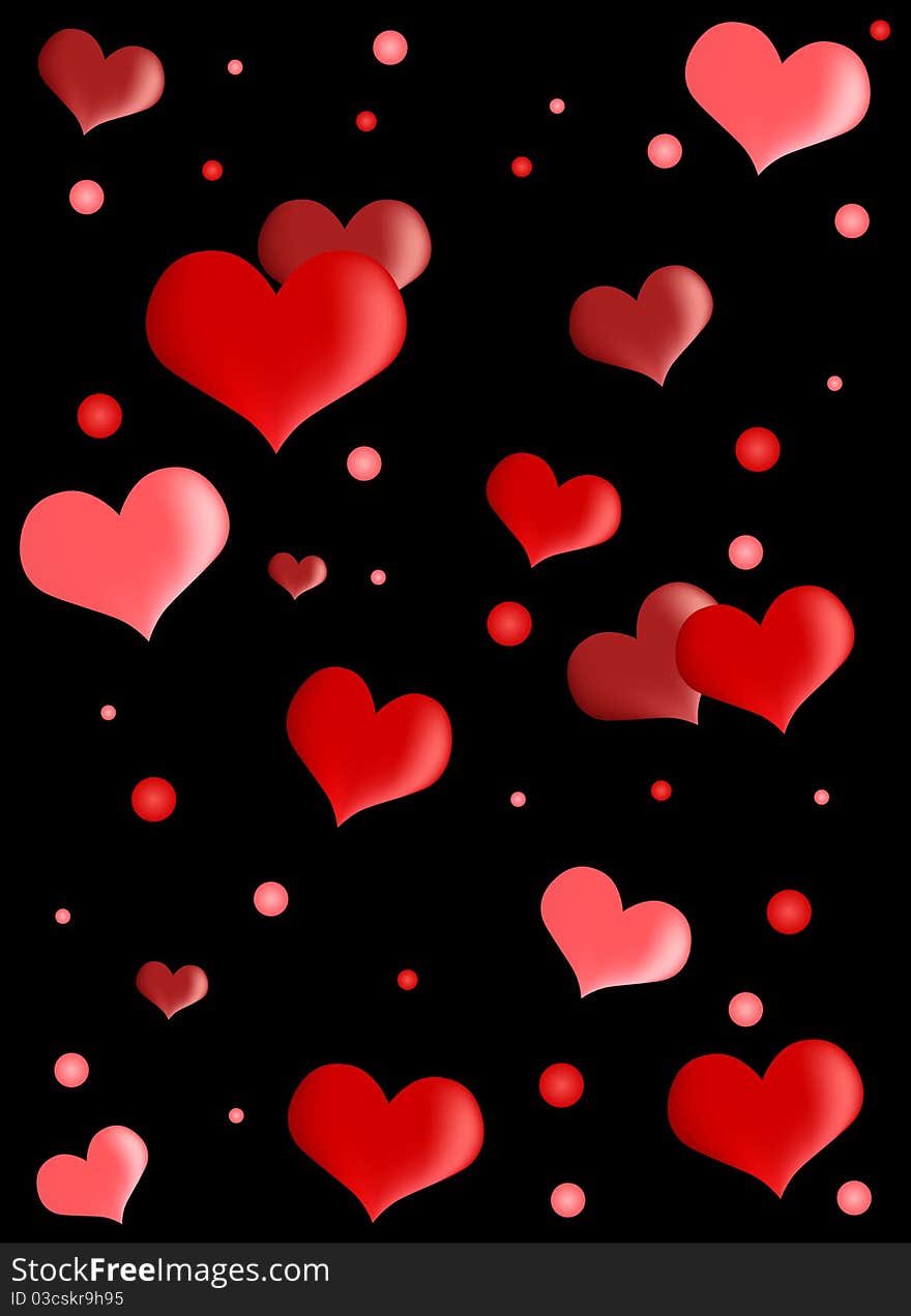 Red hearts on black background