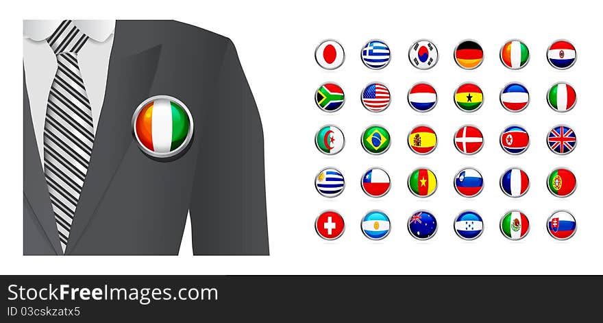 Diplomat with flag badge on white background. Vector set