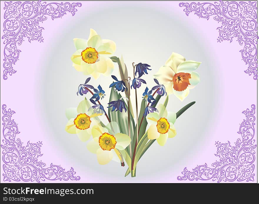 Bunch of narcissus in lilac frame