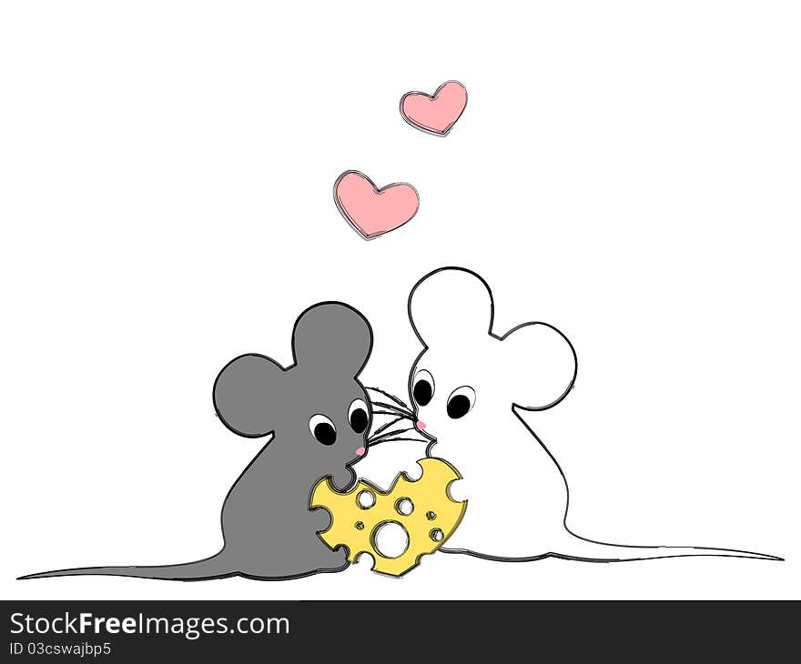 Lovers mouse with cheese in the shape of a heart. Lovers mouse with cheese in the shape of a heart