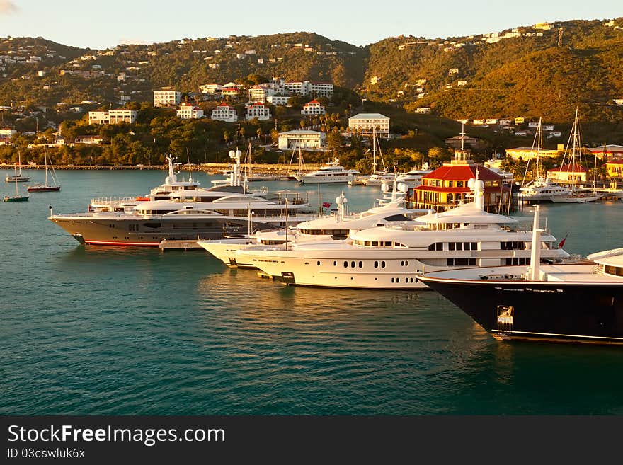 Scenic View of St. Thomas Marina at Sunset, Caribbean