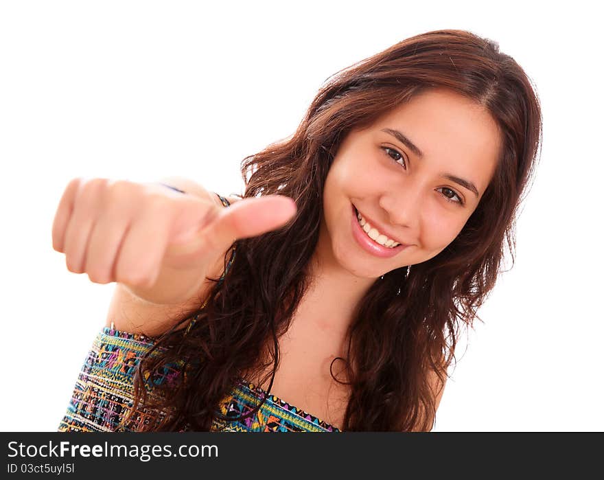 Happy woman with a gesture of positivism in his hand