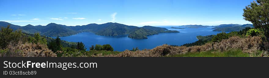 Queen Charlotte Sound panoramic view, Marlborough, New Zealand