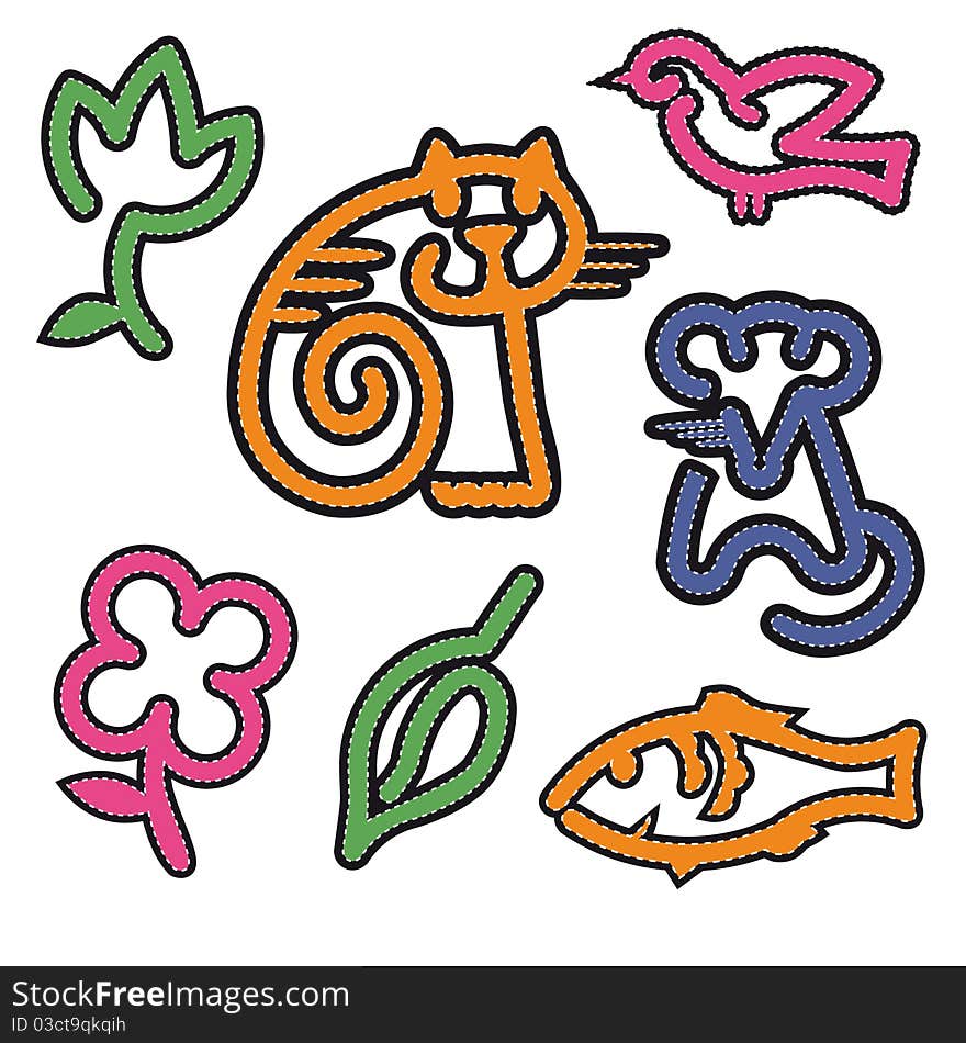 Stylized silhouettes of a cat, mouse, fish, bird and flowers, isolated on white background. Stylized silhouettes of a cat, mouse, fish, bird and flowers, isolated on white background