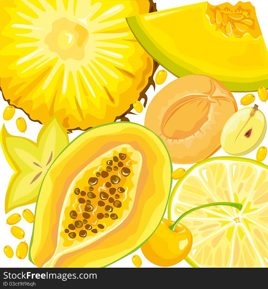 Mix slices of yellow fruits and berries on a white background. Mix slices of yellow fruits and berries on a white background