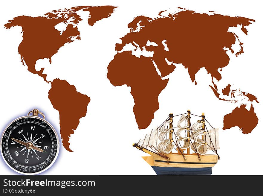 Compass and model classic boat on world map. Compass and model classic boat on world map