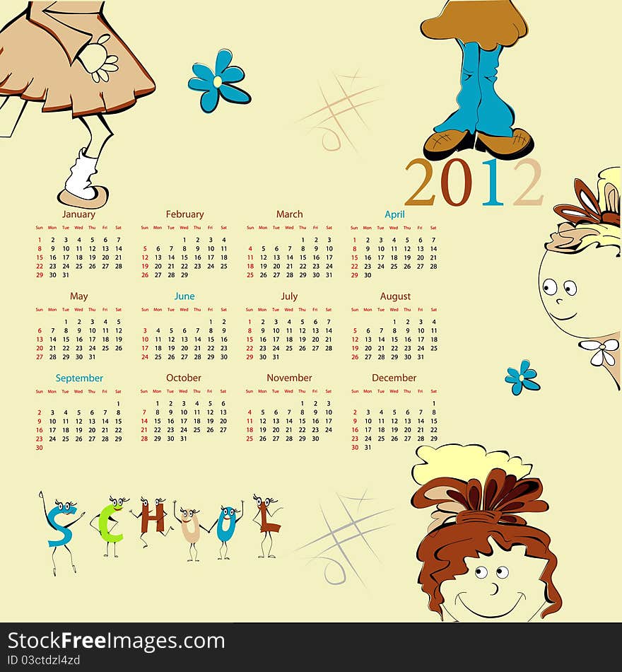 Template for calendar 2012 with cartoon style illustration