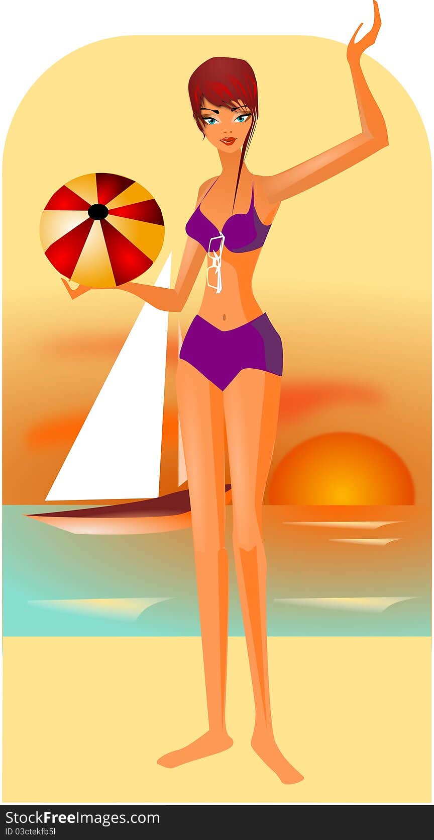 Illustration of woman on beach . Illustration of woman on beach .