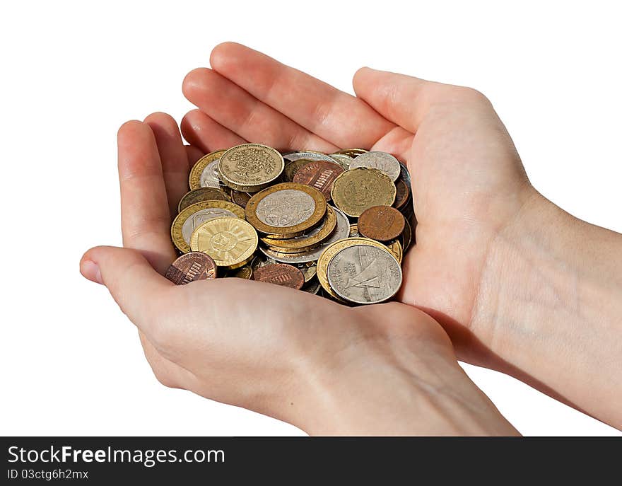 Woman S Hands Holding A Pile Of Different Coins