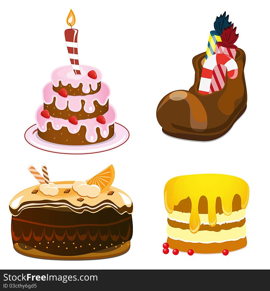 Strawberry cake, chocolate cake, honey cake and a chocolate shoe on a white background. Strawberry cake, chocolate cake, honey cake and a chocolate shoe on a white background