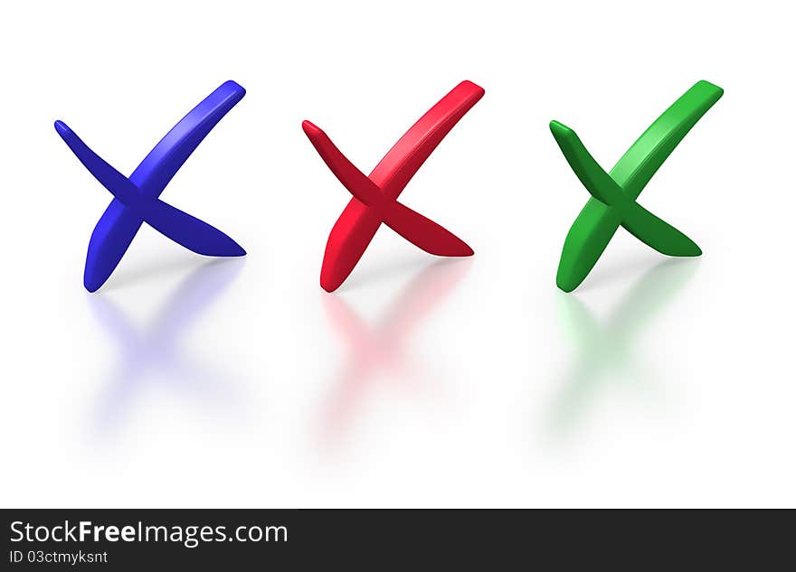 Red, blue and green crosses on white background. Red, blue and green crosses on white background