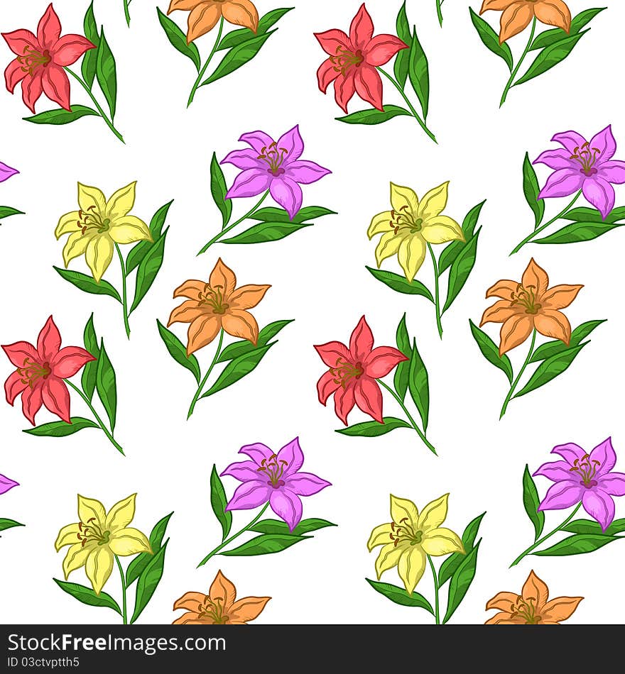 floral seamless background, various flowers lily on the white. floral seamless background, various flowers lily on the white