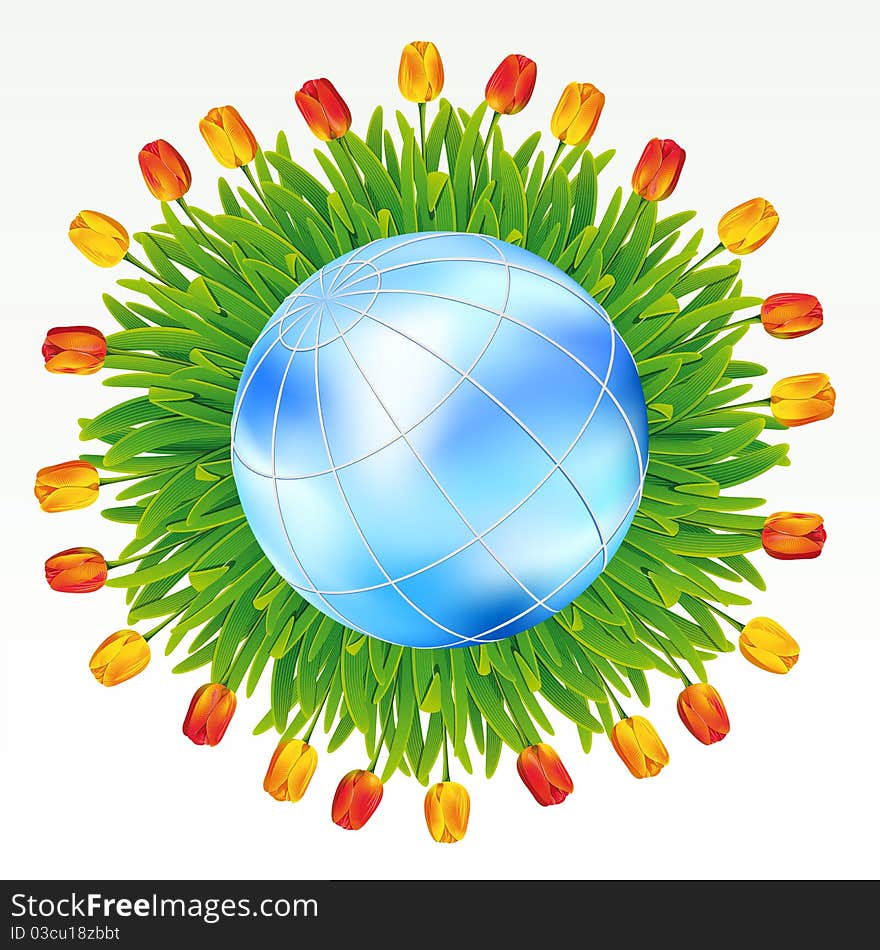 Earth with tulips on it on a white background. Mesh.