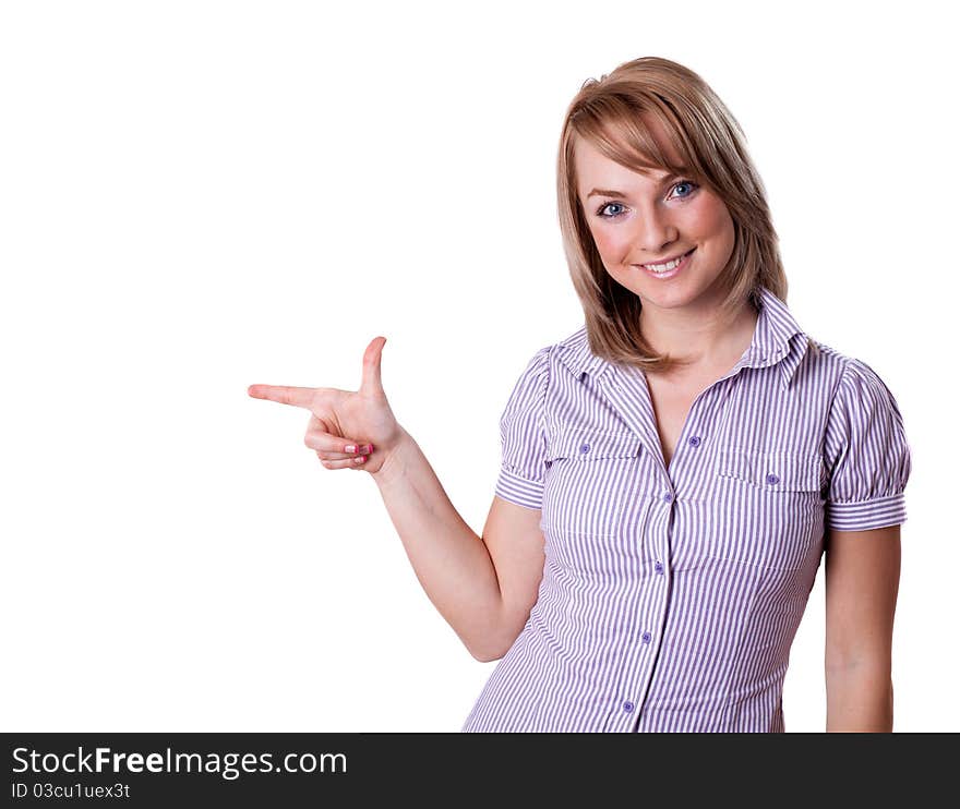 Smiling business woman presenting. Isolated over white background