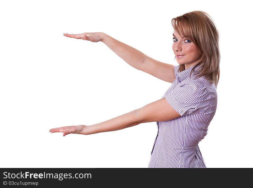 Young happy businesswoman presenting big sale sign on her hand, isolated on white