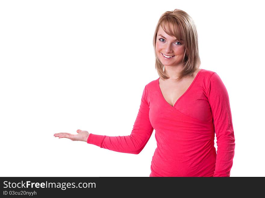 Young happy businesswoman presenting big sale sign