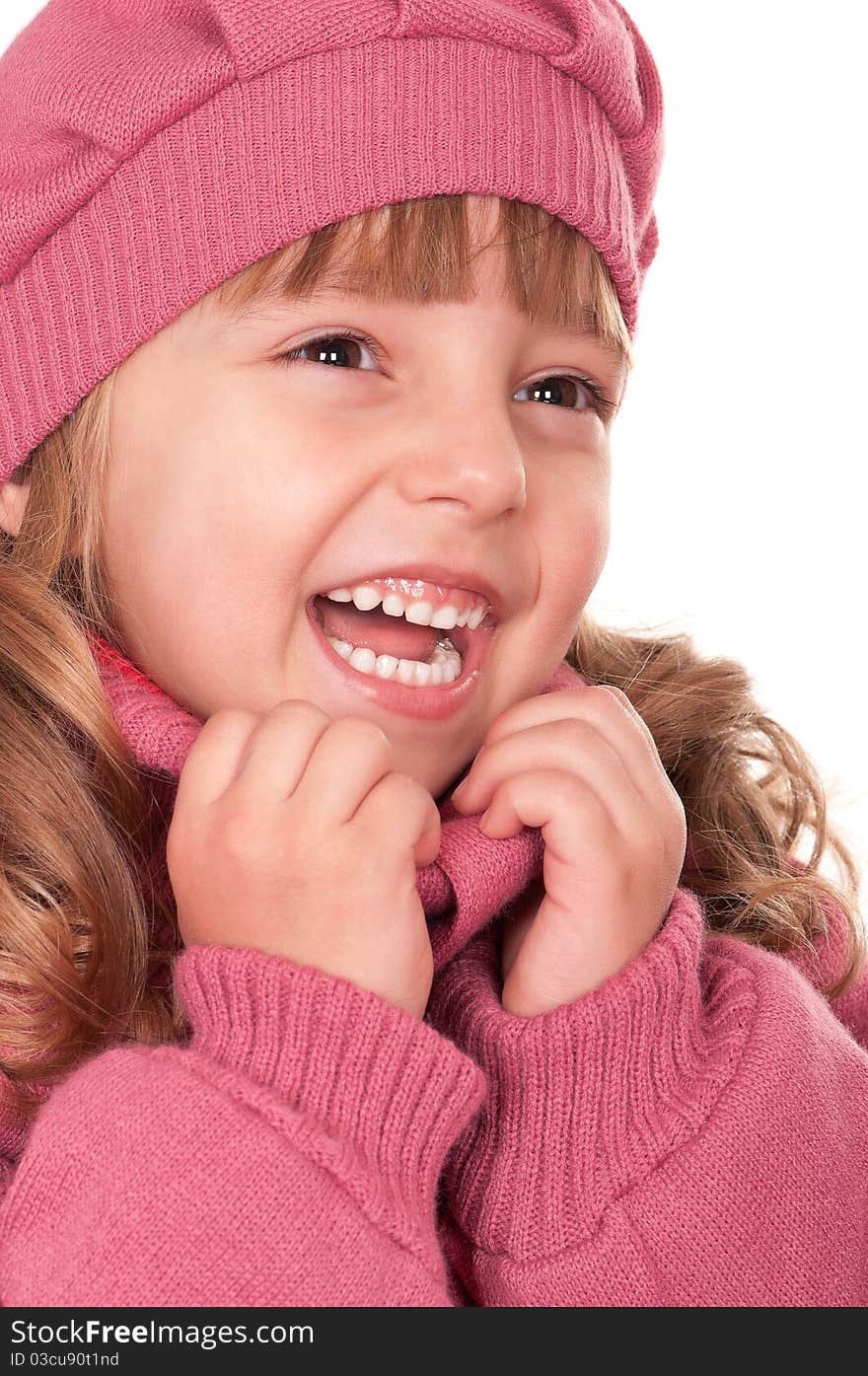 Portrait of a pretty little girl in beret on white background