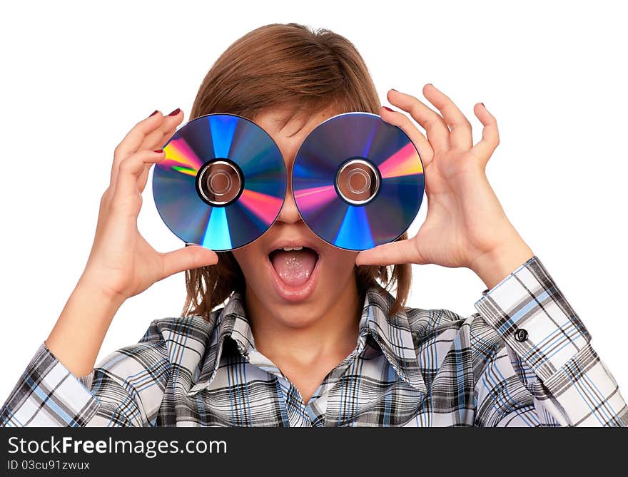 Portrait of a emotional beautiful teenage girl with disks. Isolated on white background.