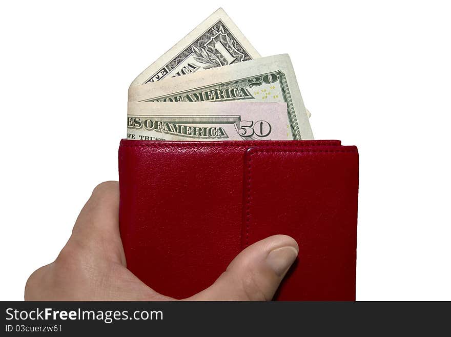 Male hand holding red wallet with US dollar bills. Male hand holding red wallet with US dollar bills